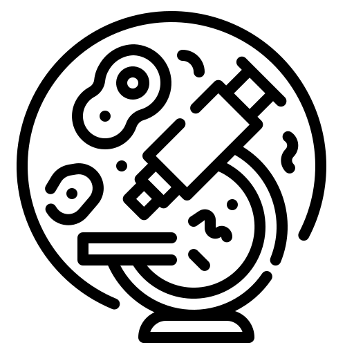 A stylistic representation of a microscope and a grouping of microorganisms ind the background