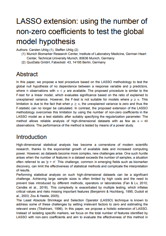 LASSO extension: using the number of non-zero coefficients to test the global model hypothesis