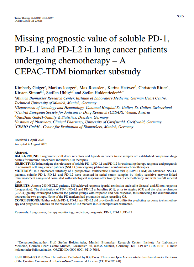 Missing prognostic value of soluble PD-1, PD-L1 and PD-L2 in lung cancer patients undergoing chemotherapy – A CEPAC-TDM biomarker substudy