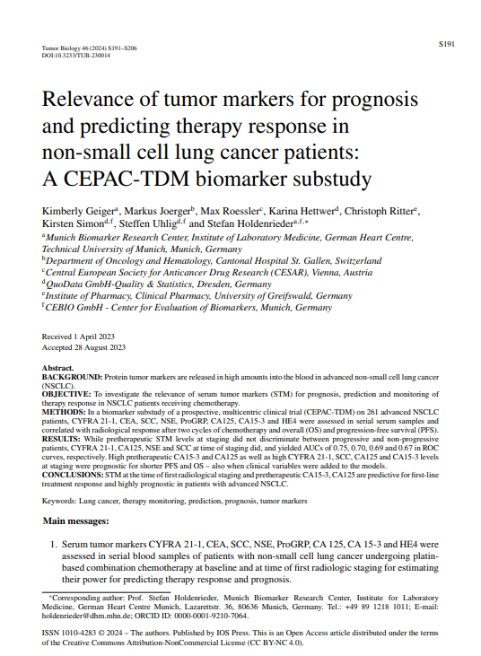 Relevance of tumor markers for prognosis and predicting therapy response in non-small cell lung cancer patients: A CEPAC-TDM biomarker substudy